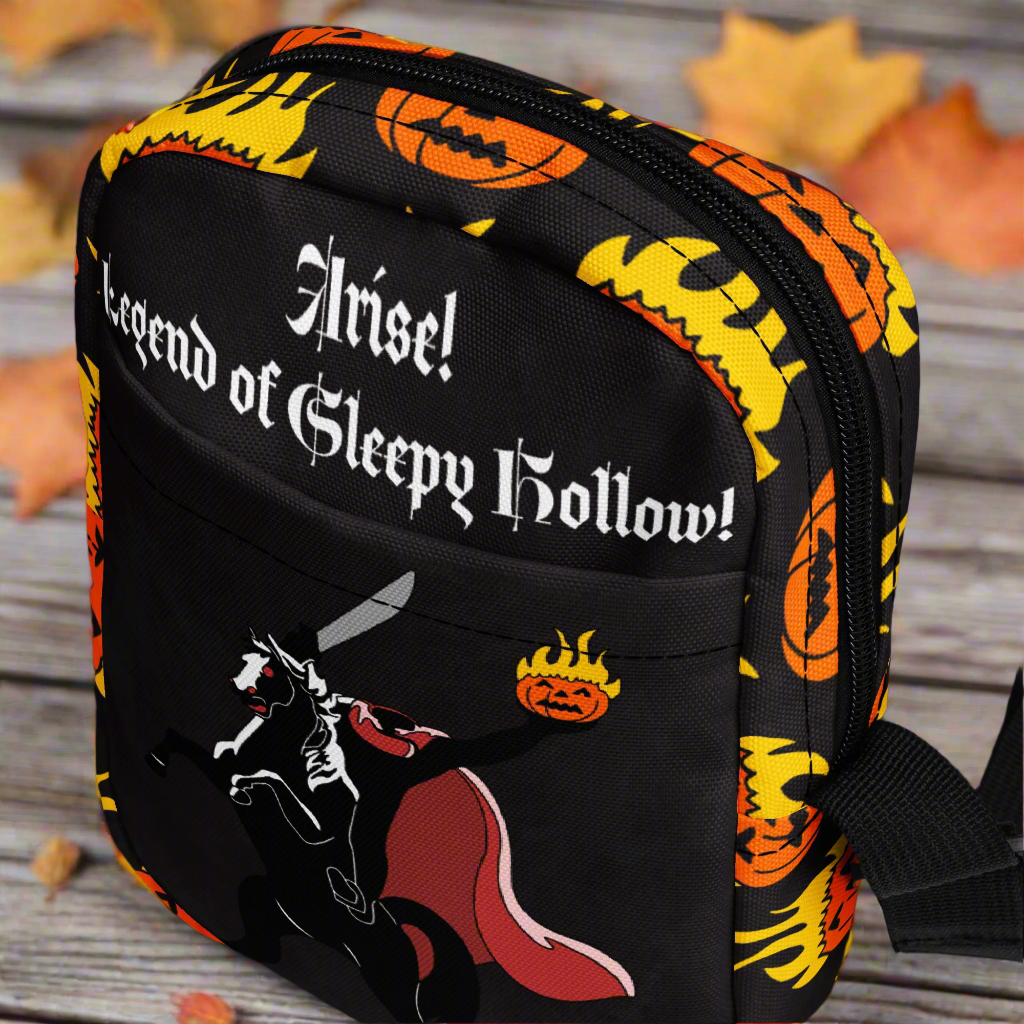 Black bag with 'Legend of Sleepy Hollow' text and Halloween-themed graphics on a white background