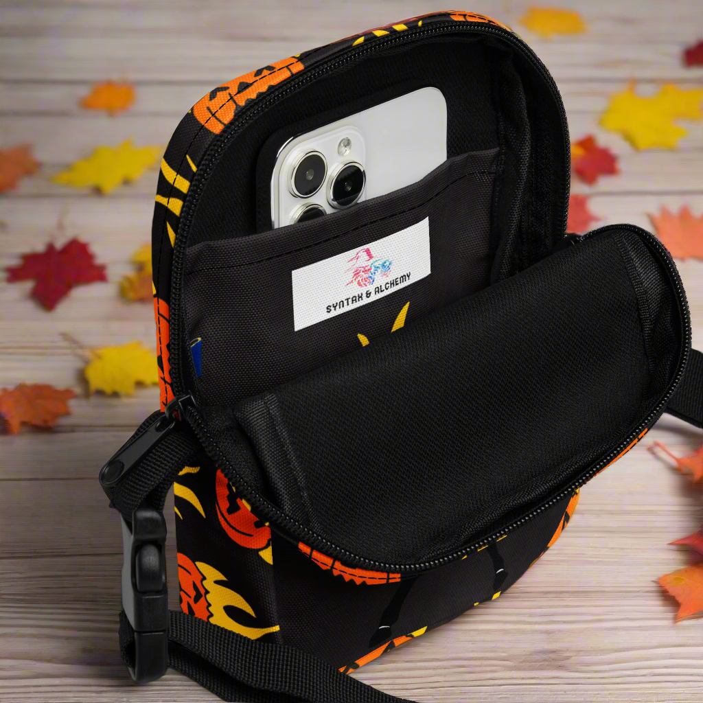 Backpack with colorful flame pattern and visible brand label on a white background