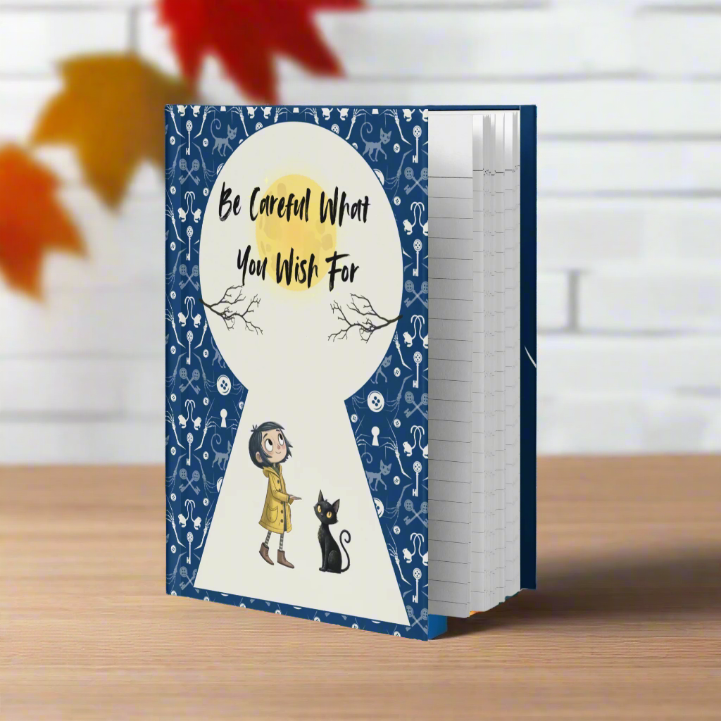 Notebook with a blue cover featuring an illustration of a girl and a cat, with text 'Be Careful What You Wish For' on a white background.