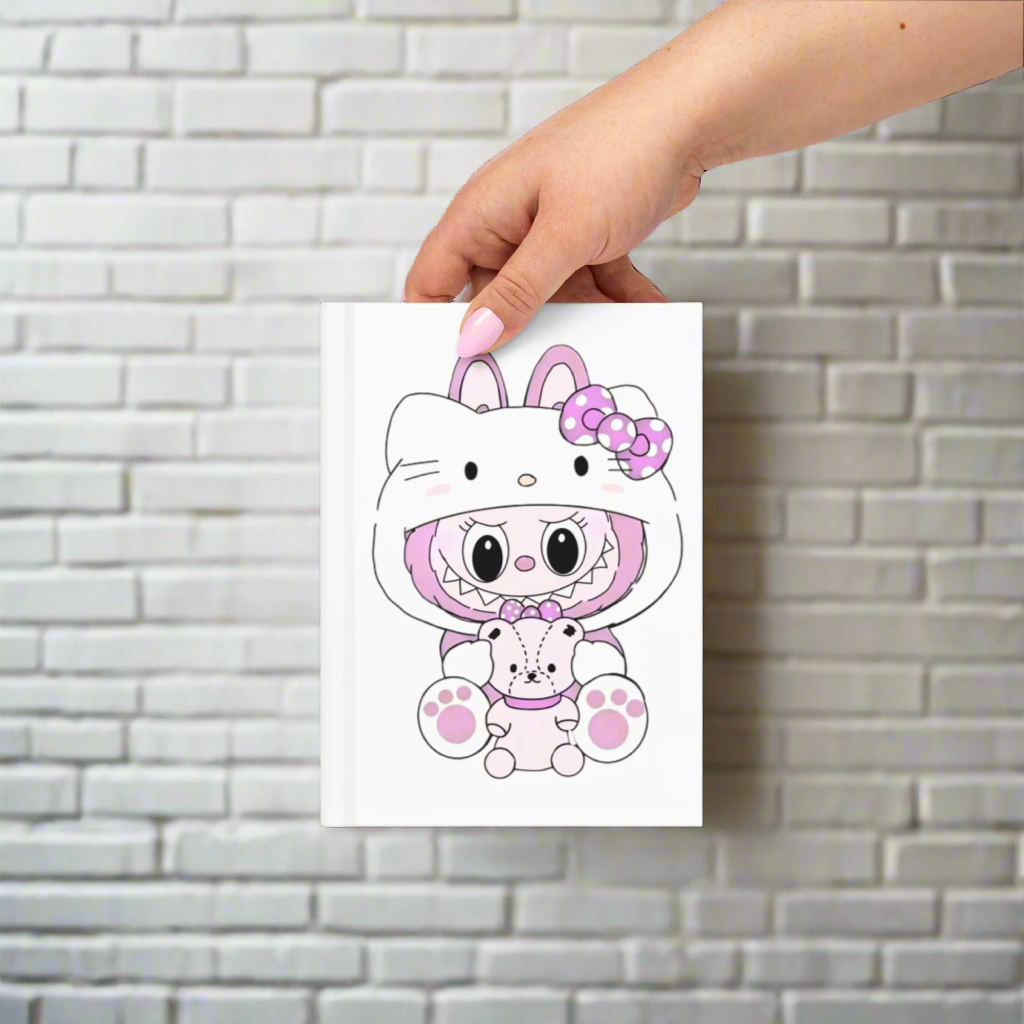 Cartoon character with a pink bow holding a small white creature on a white card, held by a hand.