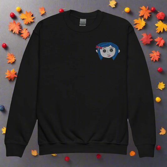 Coraline Button Eyes | Youth Soft-Wash Sweatshirt | Embroidered - Syntax & Alchemy
