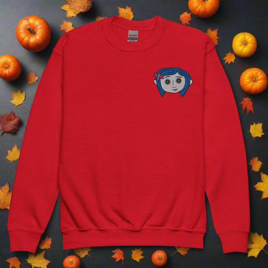 Coraline Button Eyes | Youth Soft-Wash Sweatshirt | Embroidered - Syntax & Alchemy