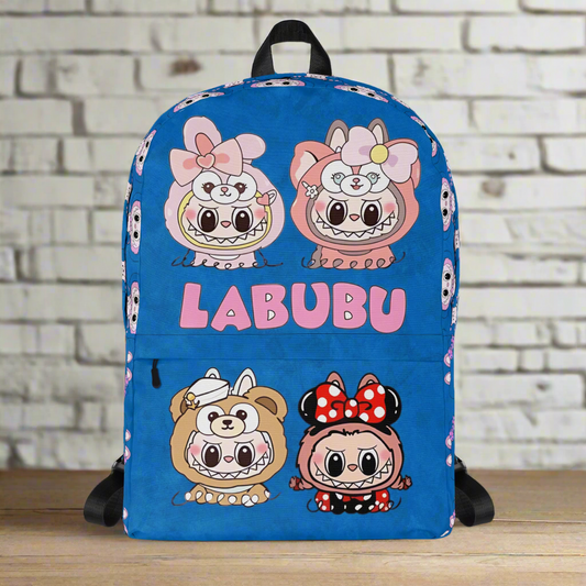 Blue backpack with cartoon characters and 'LABUBU' branding on a white background