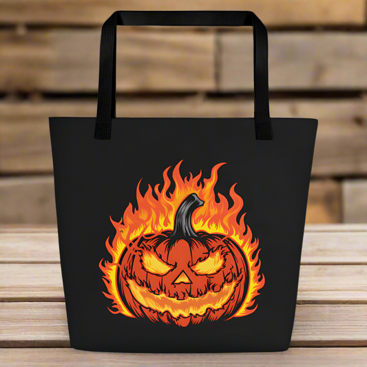 Flaming Pumpkin | Large Tote Bag Tote Bags Syntax & Alchemy Black  