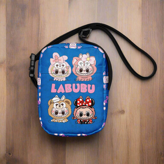 Blue pouch with cartoon characters and 'LABUBU' branding on a white background