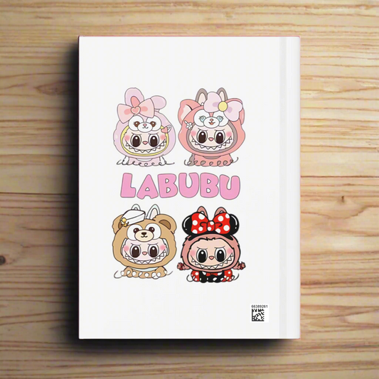 Four cartoon characters with 'LABUBU' branding on a white background