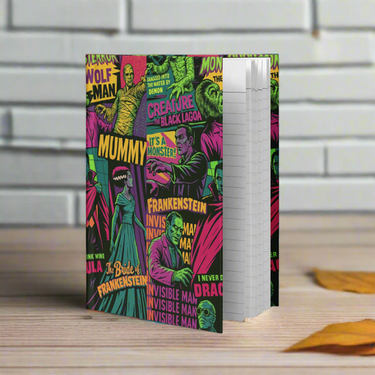 Notebook with colorful horror-themed design on a white background