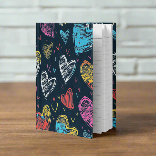 Notebook with colorful heart pattern on a dark blue background