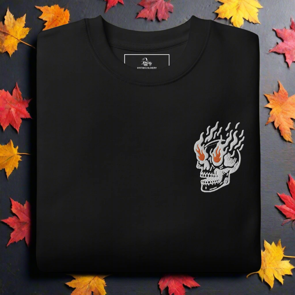 Flaming Skull | Soft-Wash Sweatshirt | Embroidered | White Variant Soft-Wash Sweatshirt Syntax & Alchemy Black S 