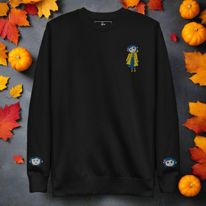 Coraline Button Eyes | Soft-Wash Sweatshirt | Embroidered | Sleeve Variant Soft-Wash Sweatshirt Syntax & Alchemy Black S 