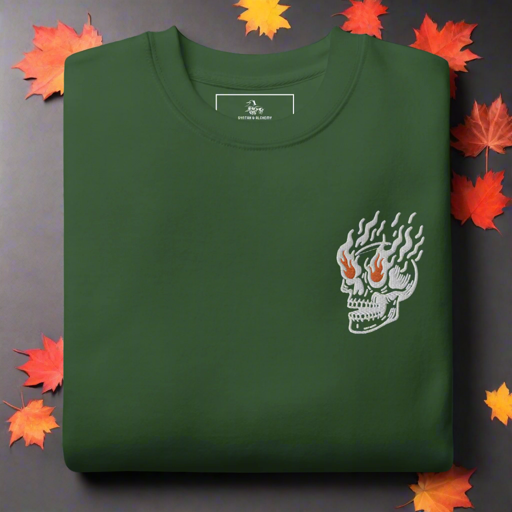 Flaming Skull | Soft-Wash Sweatshirt | Embroidered | White Variant Soft-Wash Sweatshirt Syntax & Alchemy Forest Green S 