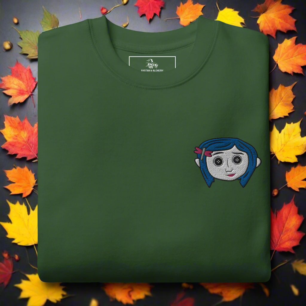 Coraline Button Eyes | Soft-Wash Sweatshirt | Embroidered Soft-Wash Sweatshirt Syntax & Alchemy Forest Green S 