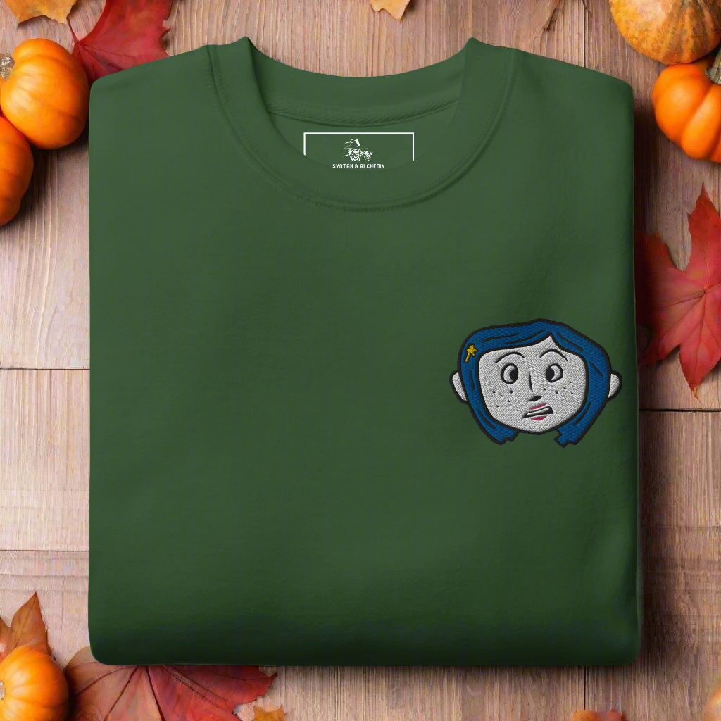 Coraline Face | Soft-Wash Sweatshirt | Embroidered Soft-Wash Sweatshirt Syntax & Alchemy Forest Green S 