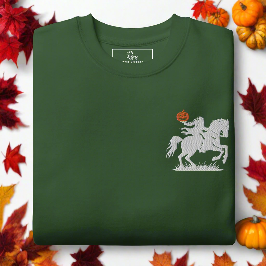 Headless Horseman Pumpkin Head | Soft-Wash Sweatshirt | Embroidered Soft-Wash Sweatshirt Syntax & Alchemy Forest Green S 