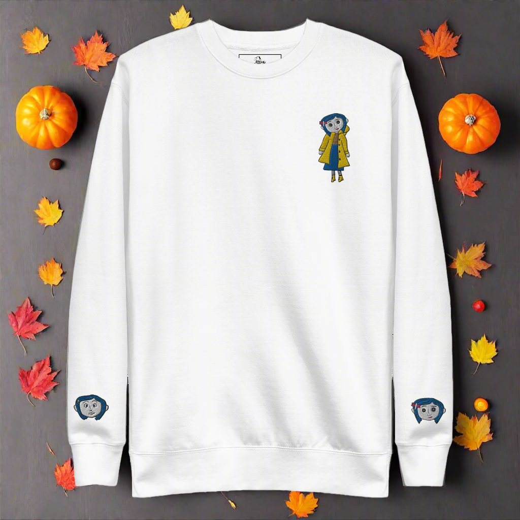 Coraline Button Eyes | Soft-Wash Sweatshirt | Embroidered | Sleeve Variant Soft-Wash Sweatshirt Syntax & Alchemy White S 