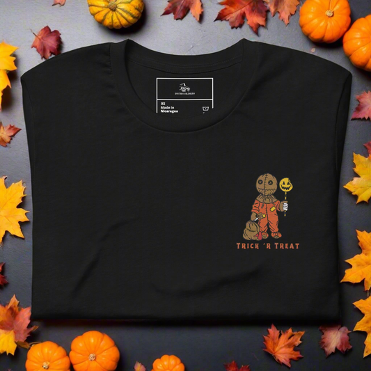 Samhain Trick 'r Treat | Airlume Cotton T-Shirt | Embroidered Women's T-Shirt Syntax & Alchemy Black XS 