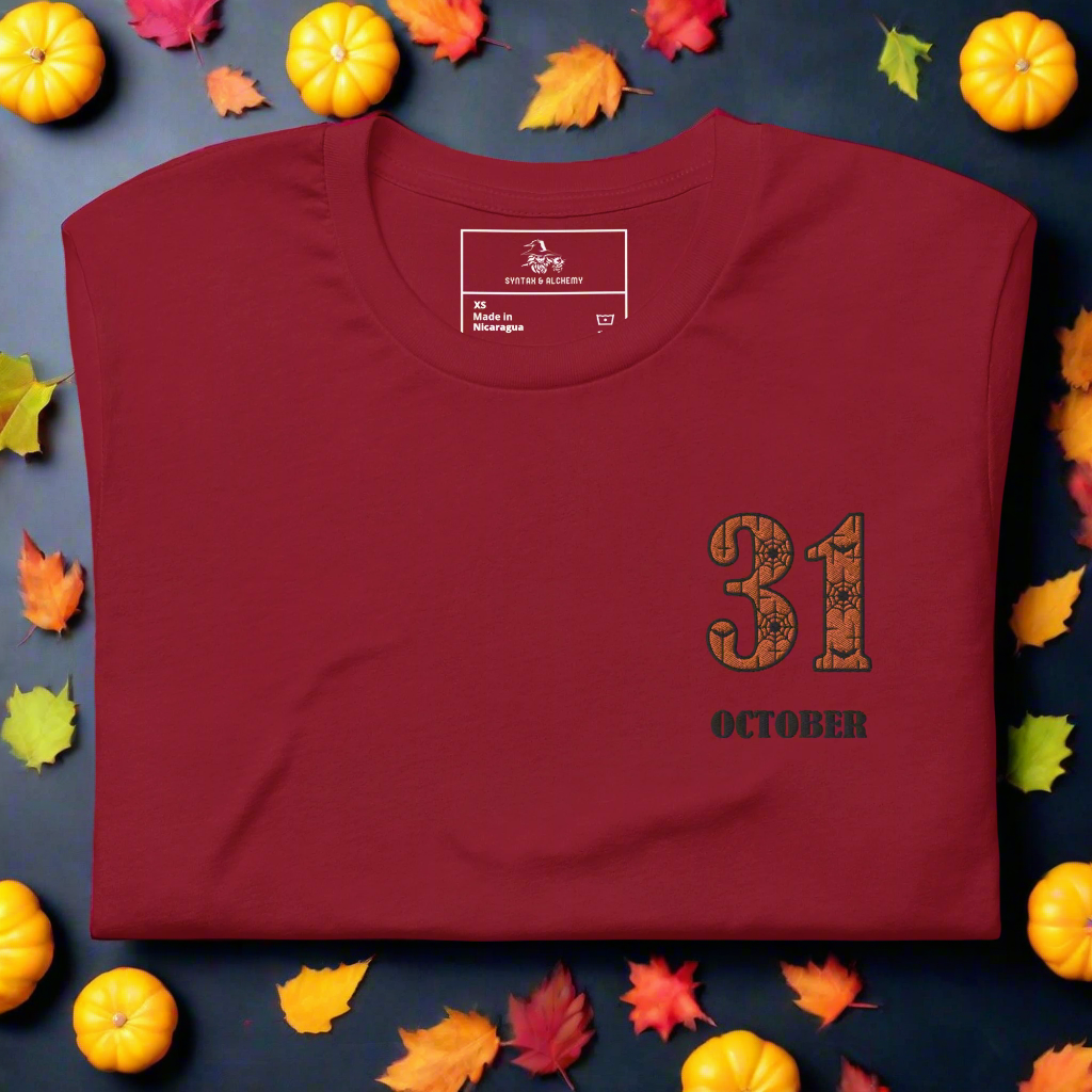 31 October | Airlume Cotton T-Shirt | Embroidered Women's T-Shirt Syntax & Alchemy Cardinal XS 