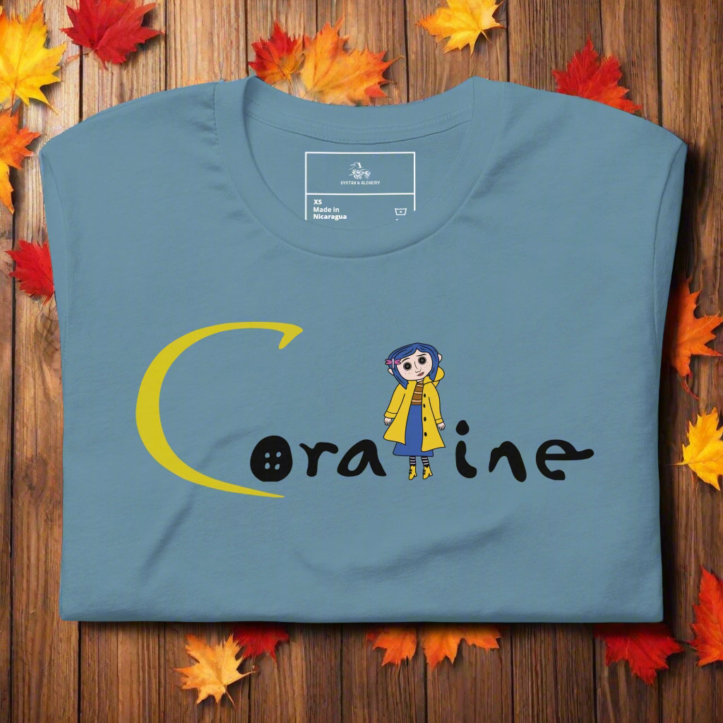 Coraline Button Eyes | Airlume Cotton T-Shirt Women's T-Shirt Syntax & Alchemy Steel Blue XS 