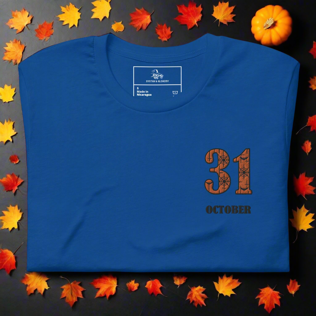 31 October | Airlume Cotton T-Shirt | Embroidered Women's T-Shirt Syntax & Alchemy True Royal S 