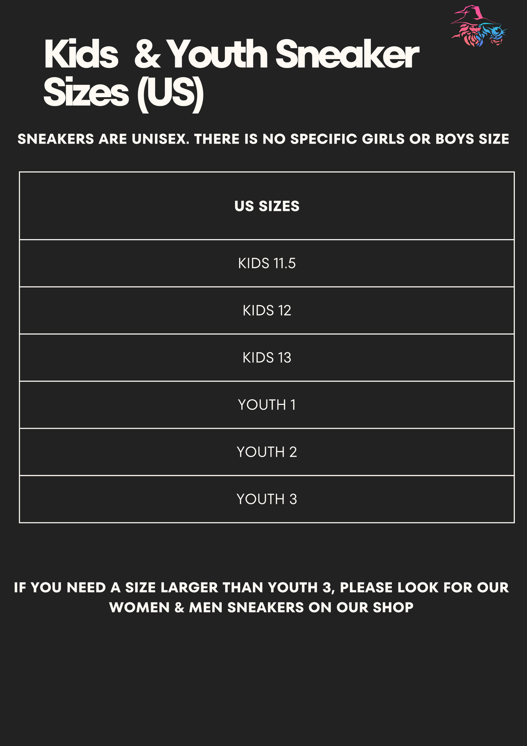 The image is a black and white photograph of a sneaker advertisement, featuring a variety of sneaker sizes for both girls and boys.